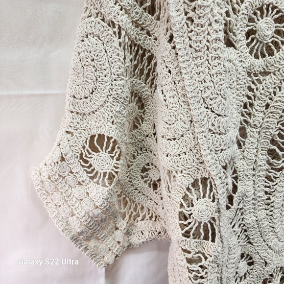 Boho Crochet Open Knit Cardigan Sweater 100% Cotton Cream Ivory Festival Cottage - Picture 10 of 13